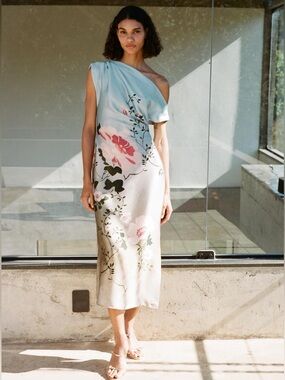 ZARA Floral Print Ombre Satin Effect One Shoulder Dress - Medium